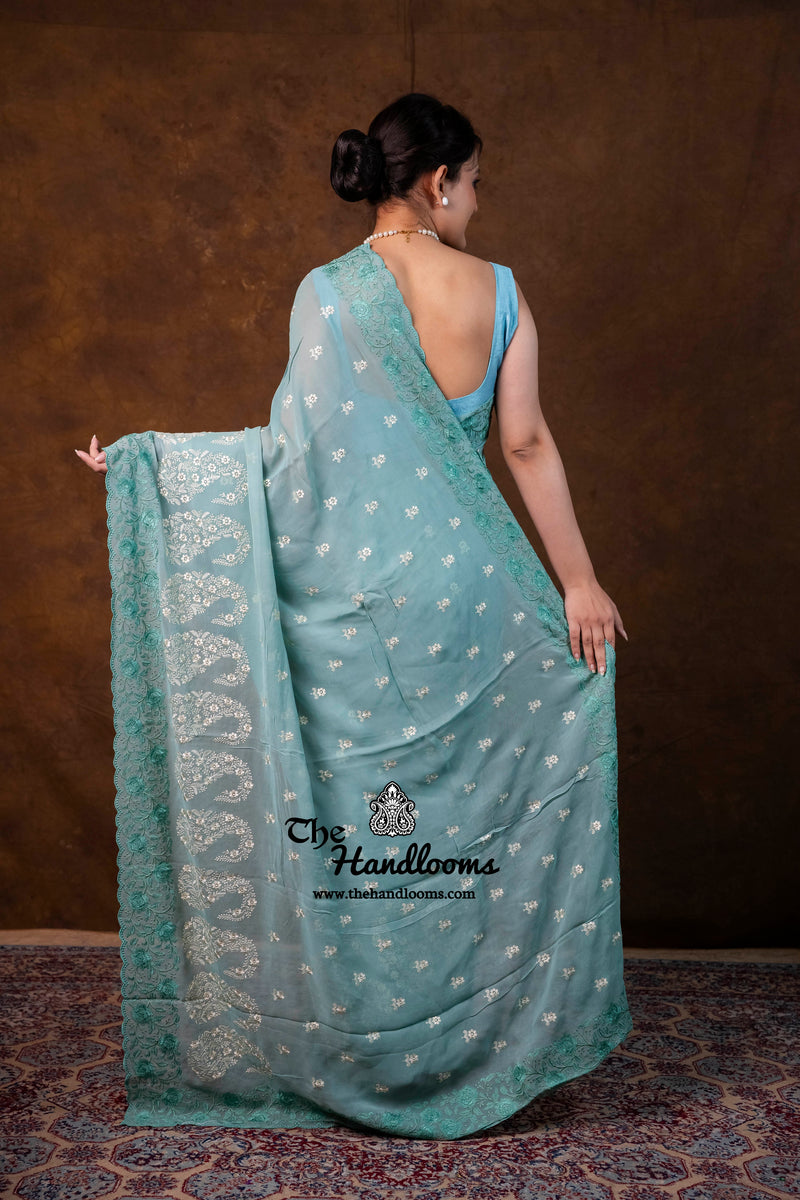 Pure Georgette Chikankari Handloom Banarasi Saree