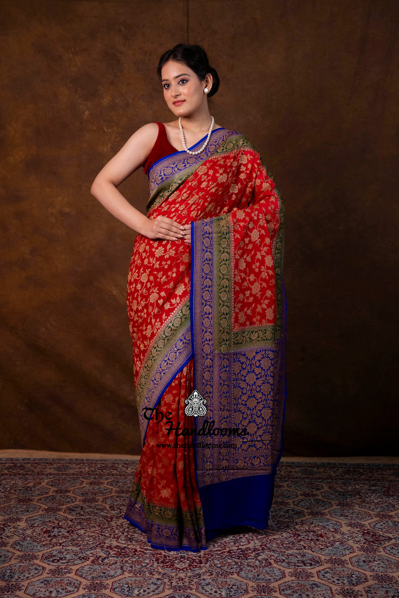 Pure Khaddi Georgette Handloom Banarasi Saree - Antique Zari