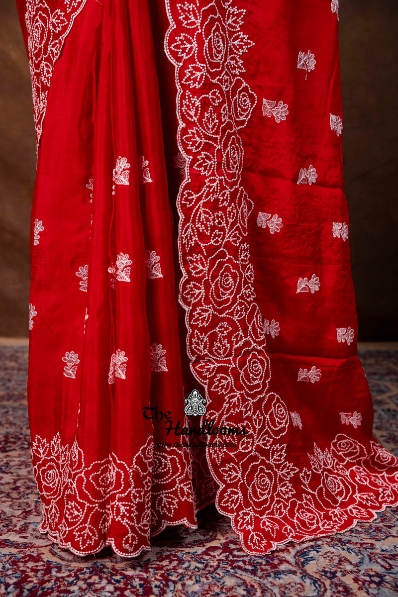 Pure Georgette Chikankari Handloom Banarasi Saree