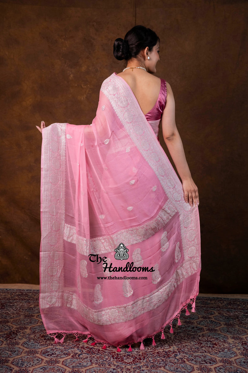 Pure Georgette Banarasi Handloom Saree - Silver Zari - The Handlooms