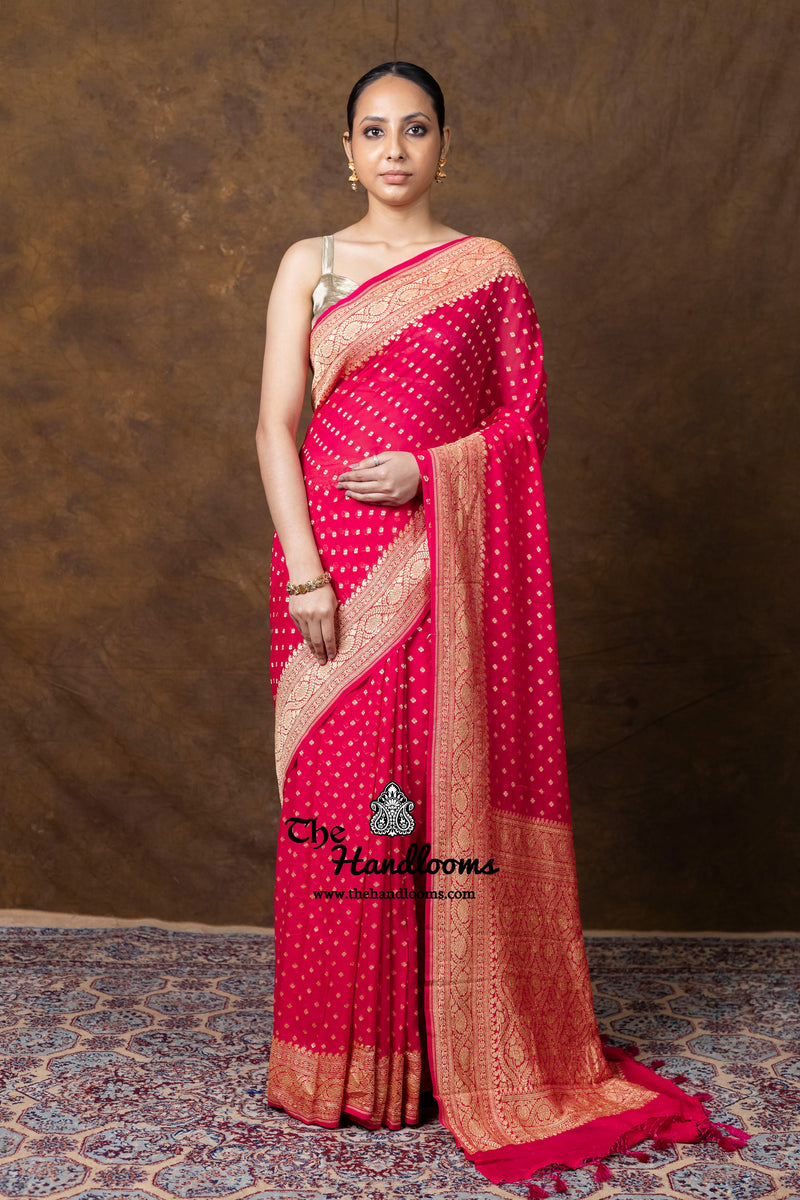 Hot Pink Khaddi Georgette Handloom Banarasi Saree - Gold Zari