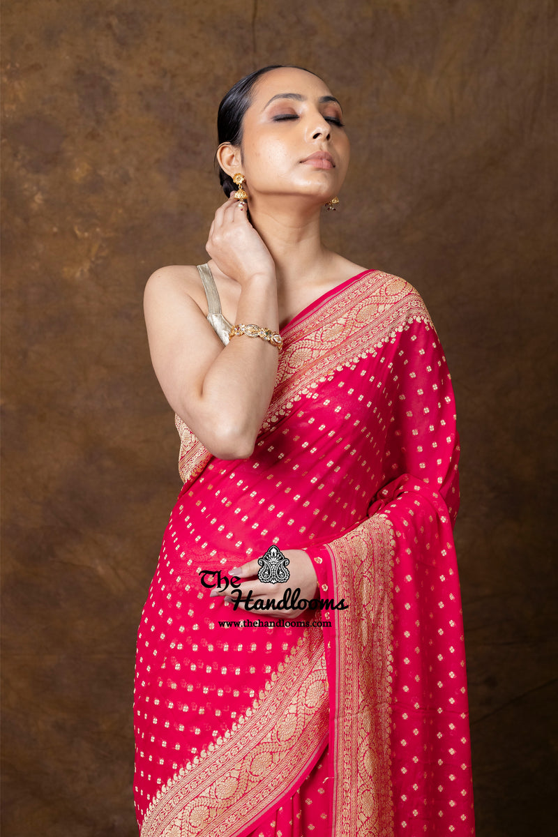 Hot Pink Khaddi Georgette Handloom Banarasi Saree - Gold Zari