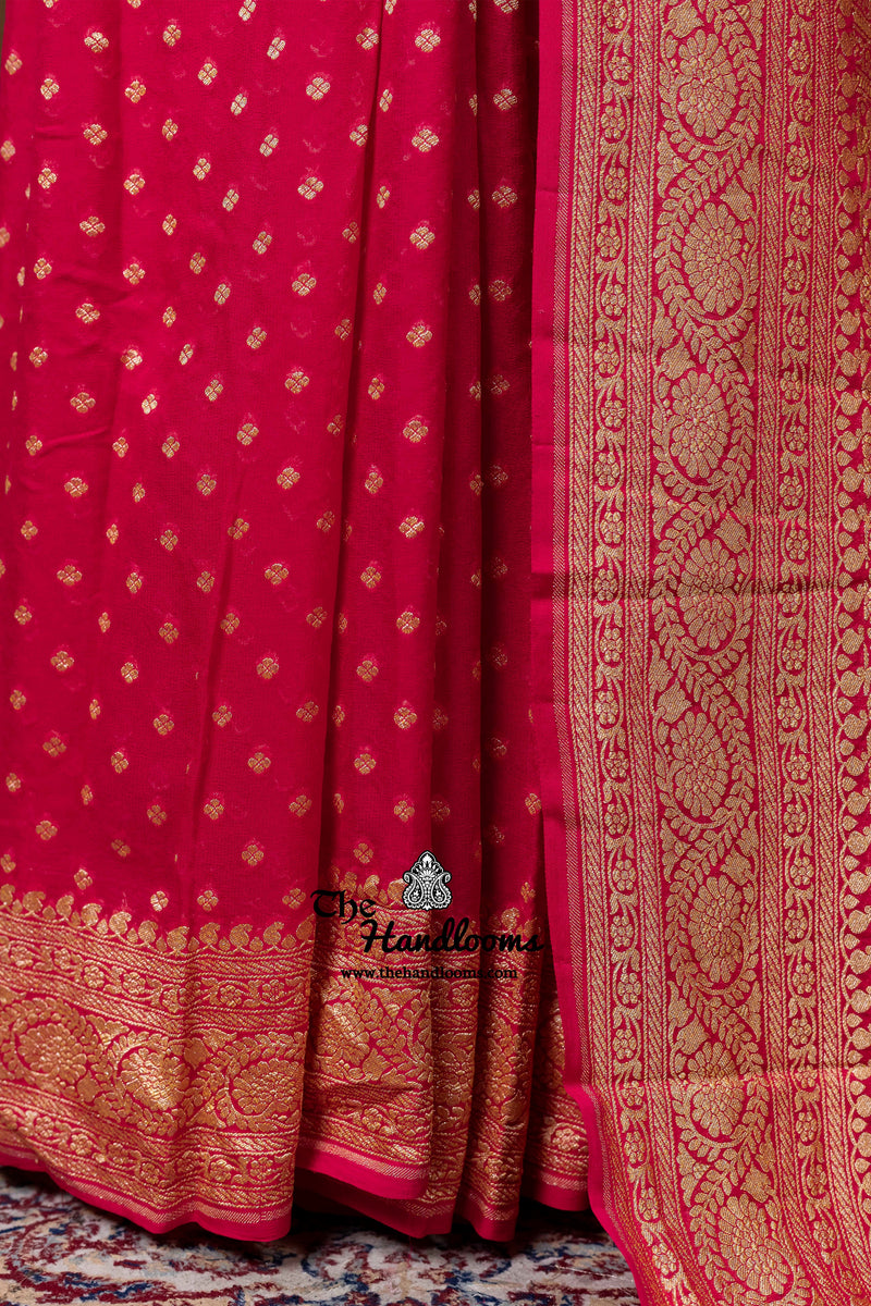 Hot Pink Khaddi Georgette Handloom Banarasi Saree - Gold Zari