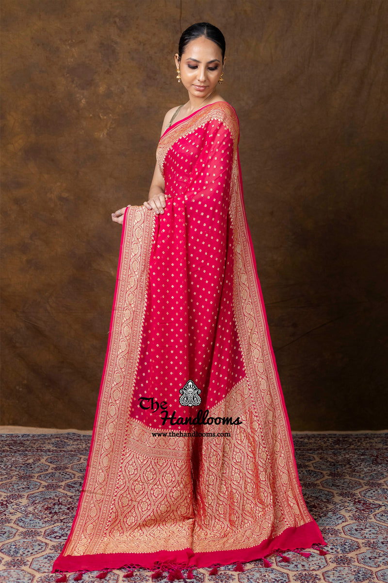 Hot Pink Khaddi Georgette Handloom Banarasi Saree - Gold Zari