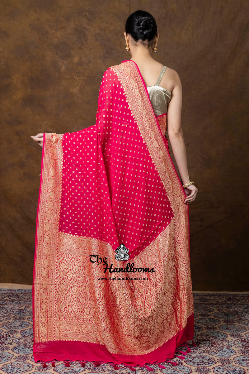 Hot Pink Khaddi Georgette Handloom Banarasi Saree - Gold Zari