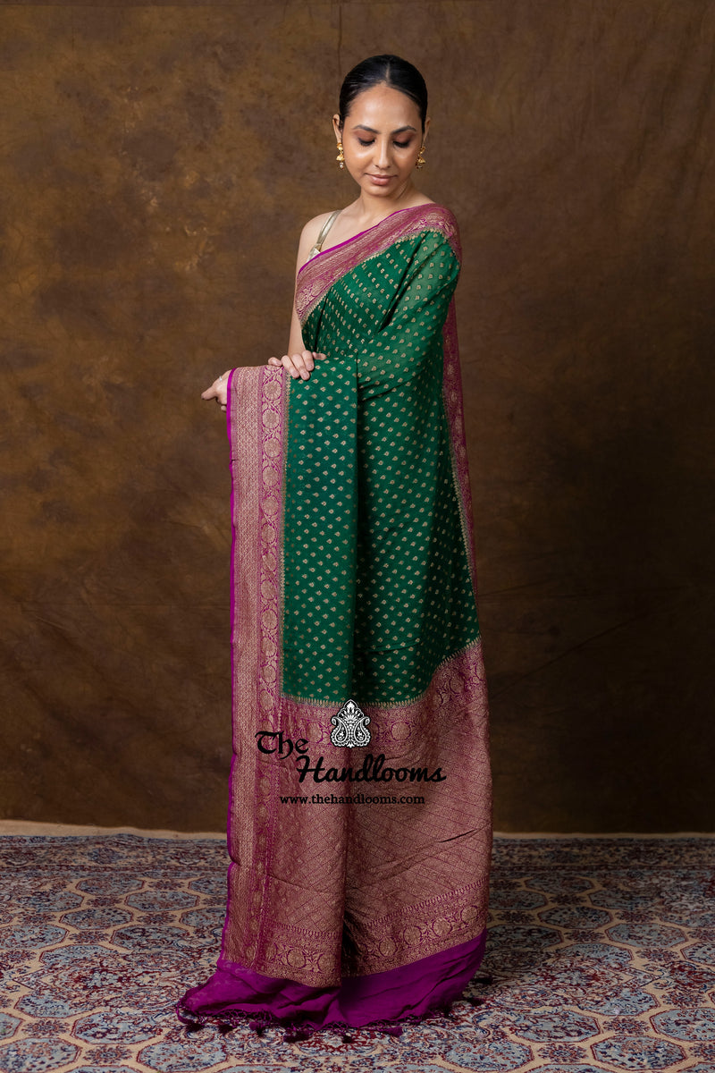 Pure Khaddi Georgette Handloom Banarasi Saree - Antique Zari