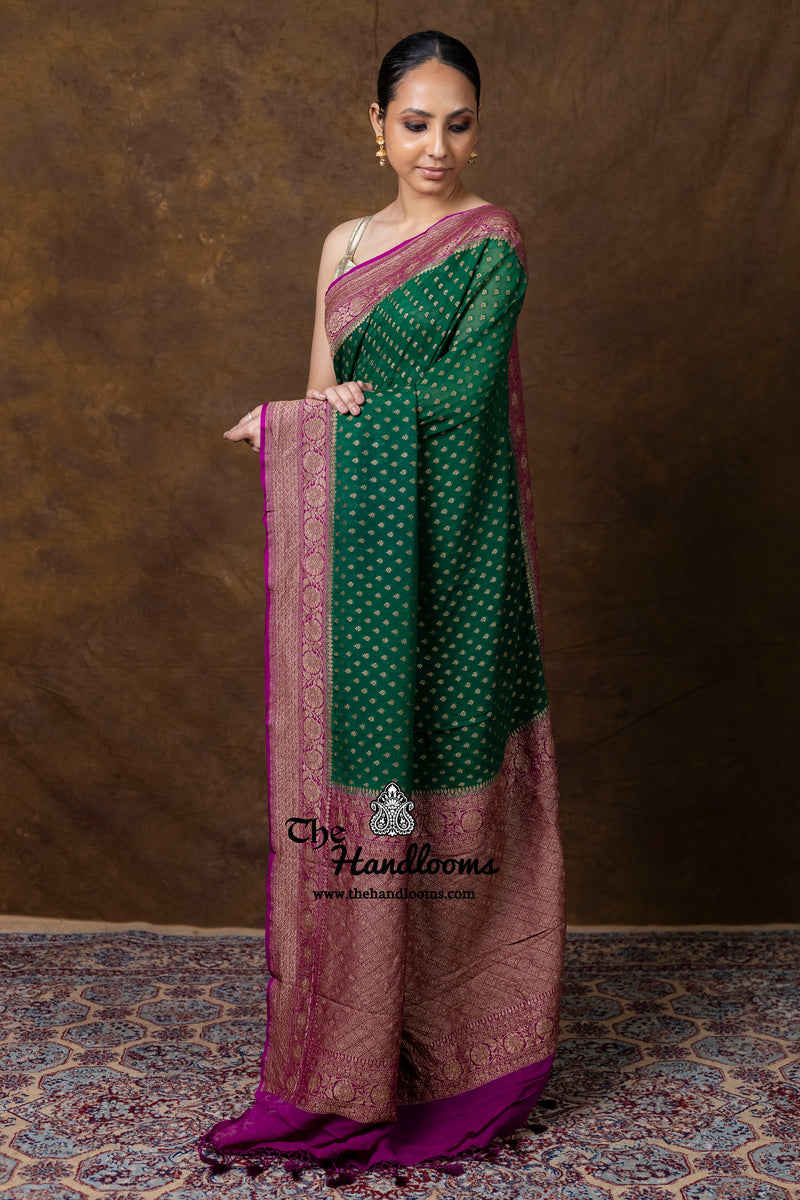 Pure Khaddi Georgette Handloom Banarasi Saree - Antique Zari