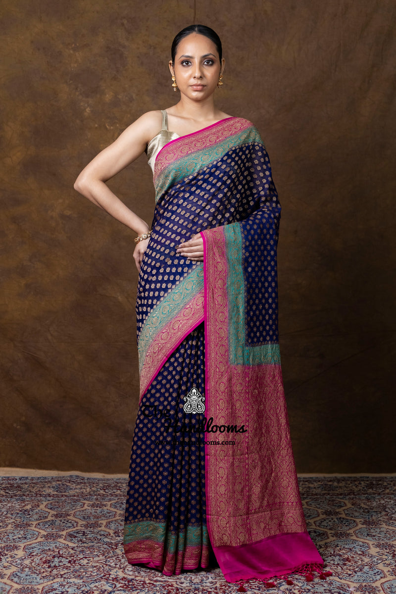 Pure Khaddi Georgette Handloom Banarasi Saree - Antique Zari