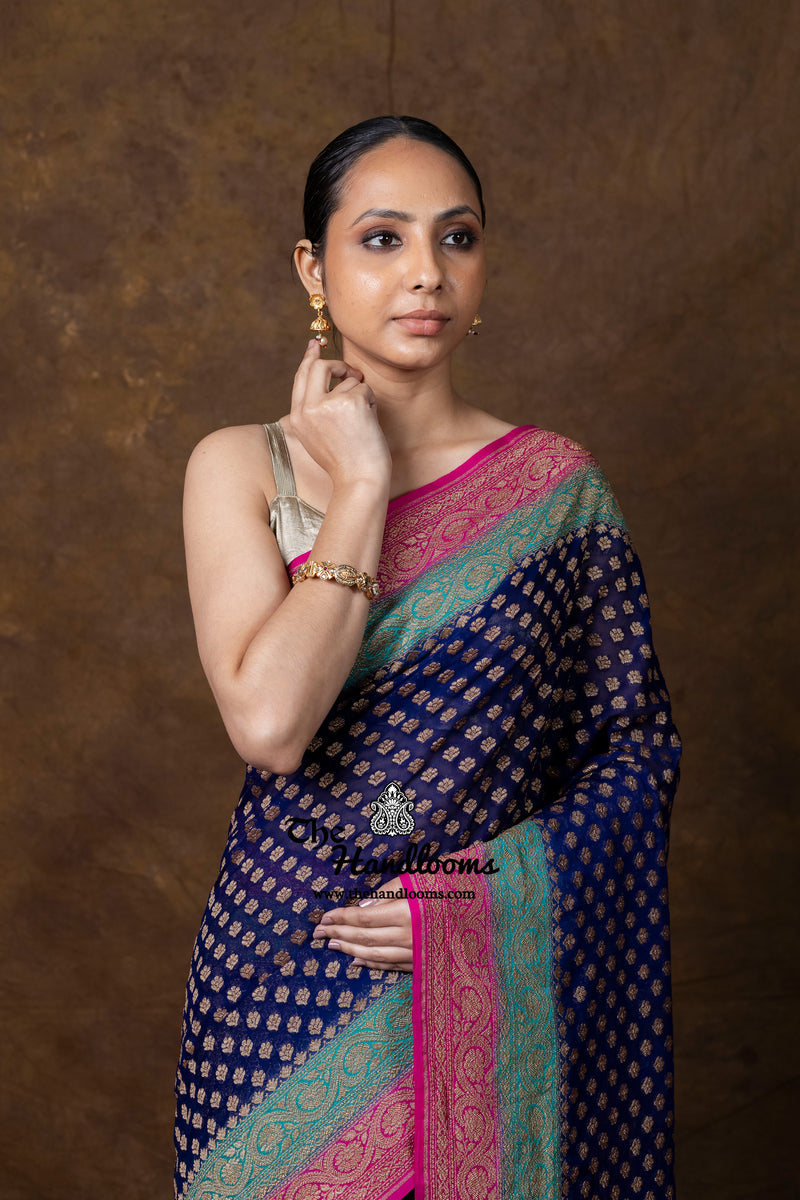 Pure Khaddi Georgette Handloom Banarasi Saree - Antique Zari