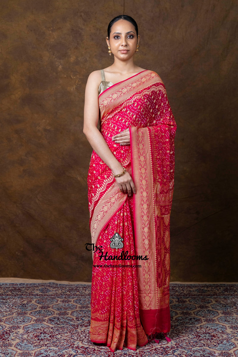 Hot Pink Pure Georgette Banarasi Bandhej Handloom Saree