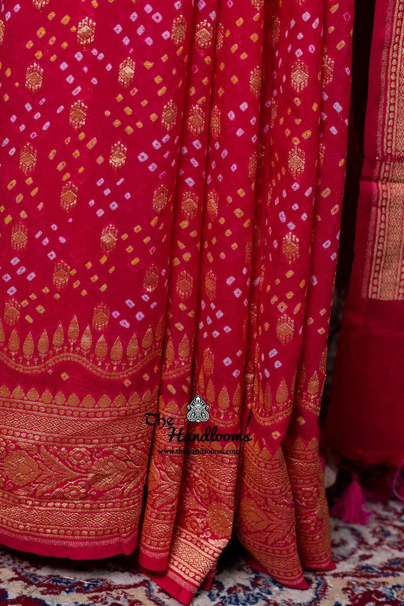 Hot Pink Pure Georgette Banarasi Bandhej Handloom Saree