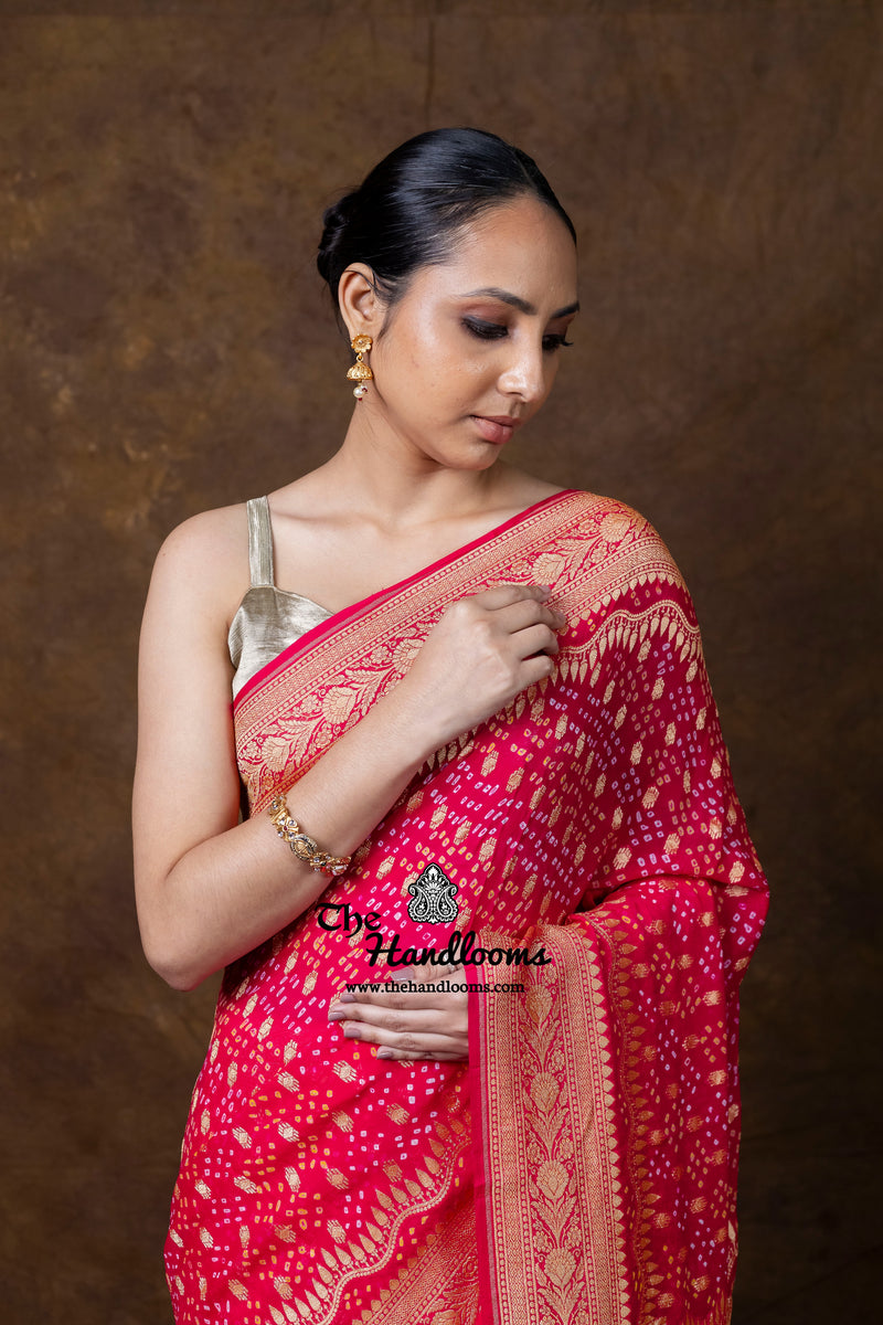 Hot Pink Pure Georgette Banarasi Bandhej Handloom Saree
