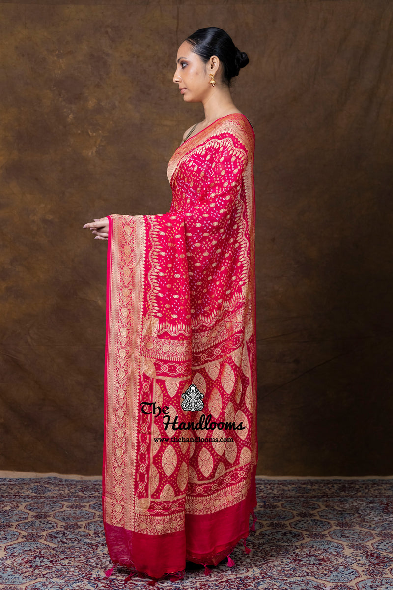 Hot Pink Pure Georgette Banarasi Bandhej Handloom Saree