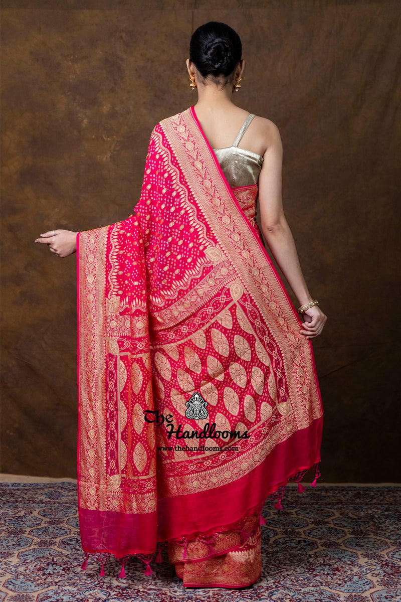 Hot Pink Pure Georgette Banarasi Bandhej Handloom Saree