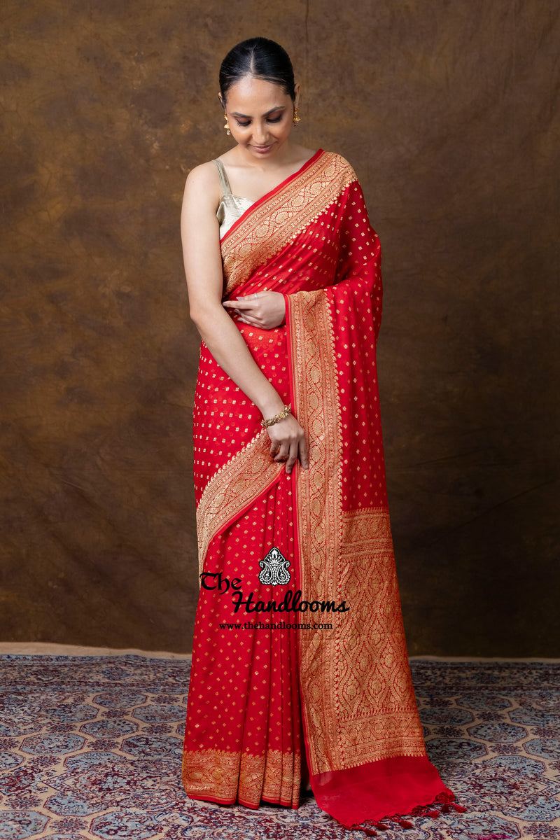 Red Khaddi Georgette Handloom Banarasi Saree - Gold Zari