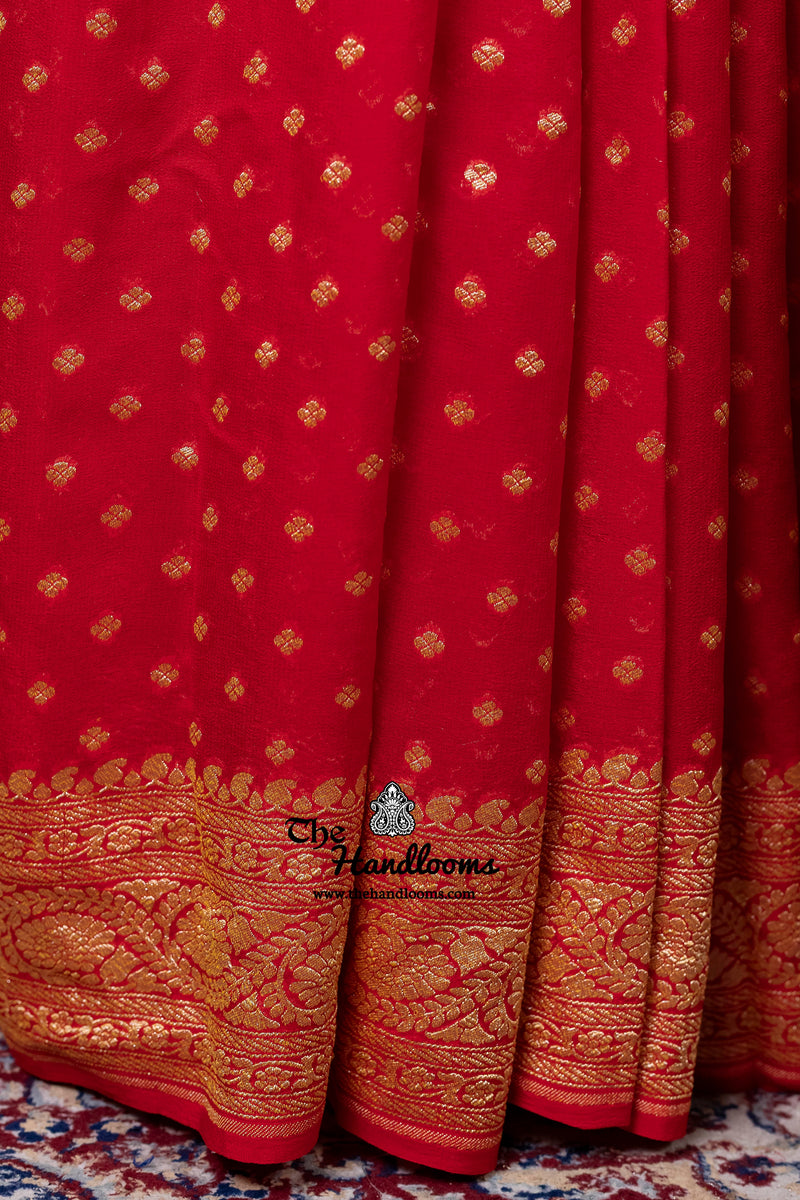 Red Khaddi Georgette Handloom Banarasi Saree - Gold Zari