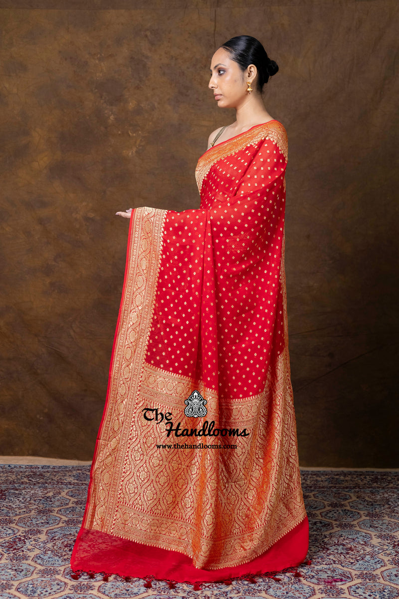Red Khaddi Georgette Handloom Banarasi Saree - Gold Zari