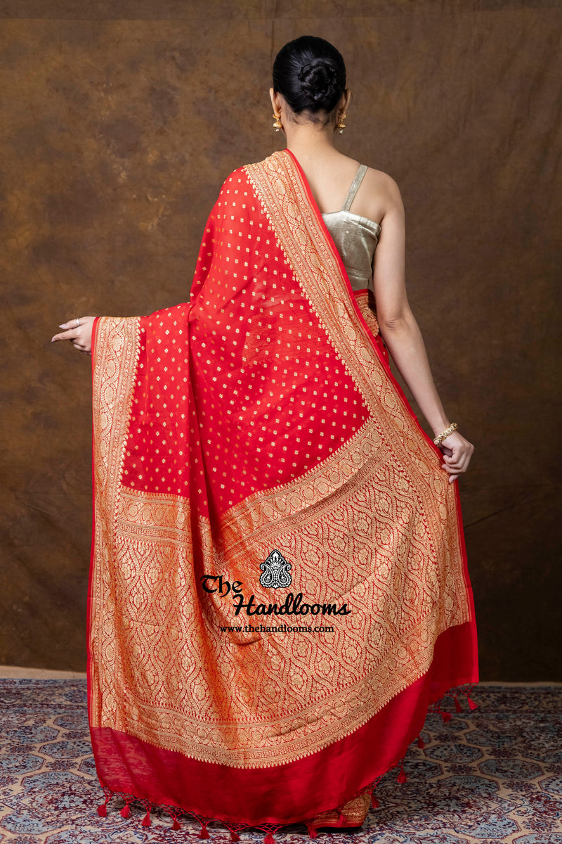 Red Khaddi Georgette Handloom Banarasi Saree - Gold Zari