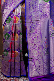 Multicolor Pure Katan Silk Banarasi Handloom Saree - All over Jaal Work With Rangkart - The Handlooms