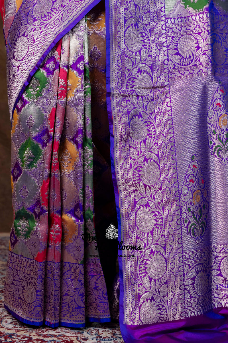 Multicolor Pure Katan Silk Banarasi Handloom Saree - All over Jaal Work With Rangkart - The Handlooms