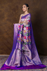 Multicolor Pure Katan Silk Banarasi Handloom Saree - All over Jaal Work With Rangkart - The Handlooms