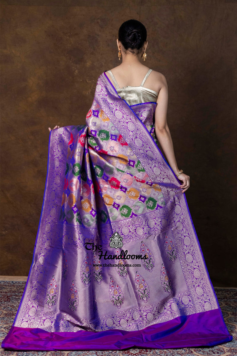 Multicolor Pure Katan Silk Banarasi Handloom Saree - All over Jaal Work With Rangkart - The Handlooms