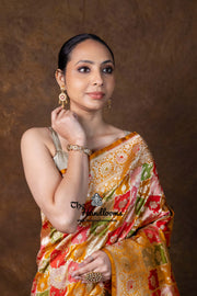 Multicolor Pure Katan Silk Banarasi Handloom Saree - All over Jaal Work With Rangkart - The Handlooms