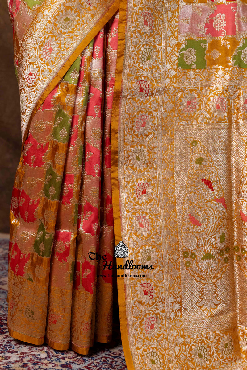 Multicolor Pure Katan Silk Banarasi Handloom Saree - All over Jaal Work With Rangkart - The Handlooms