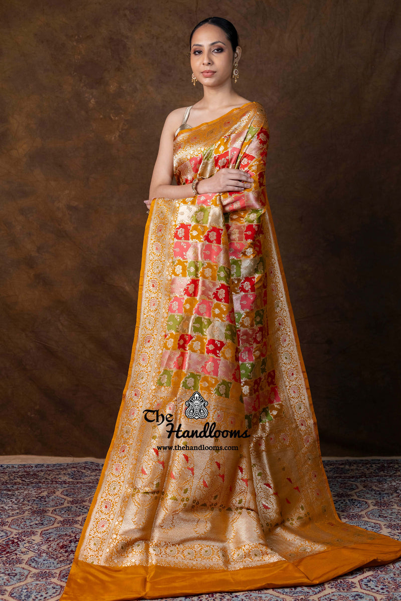 Multicolor Pure Katan Silk Banarasi Handloom Saree - All over Jaal Work With Rangkart - The Handlooms