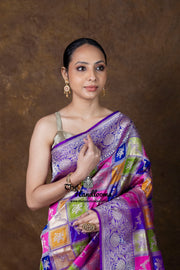 Multicolor Pure Katan Silk Banarasi Handloom Saree - All over Jaal Work With Rangkart - The Handlooms