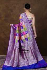 Multicolor Pure Katan Silk Banarasi Handloom Saree - All over Jaal Work With Rangkart - The Handlooms