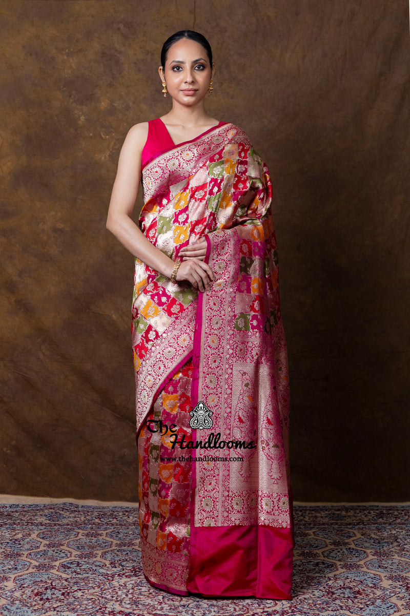 Multicolor Pure Katan Silk Banarasi Handloom Saree - All over Jaal Work With Rangkart - The Handlooms