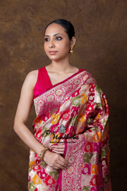 Multicolor Pure Katan Silk Banarasi Handloom Saree - All over Jaal Work With Rangkart - The Handlooms
