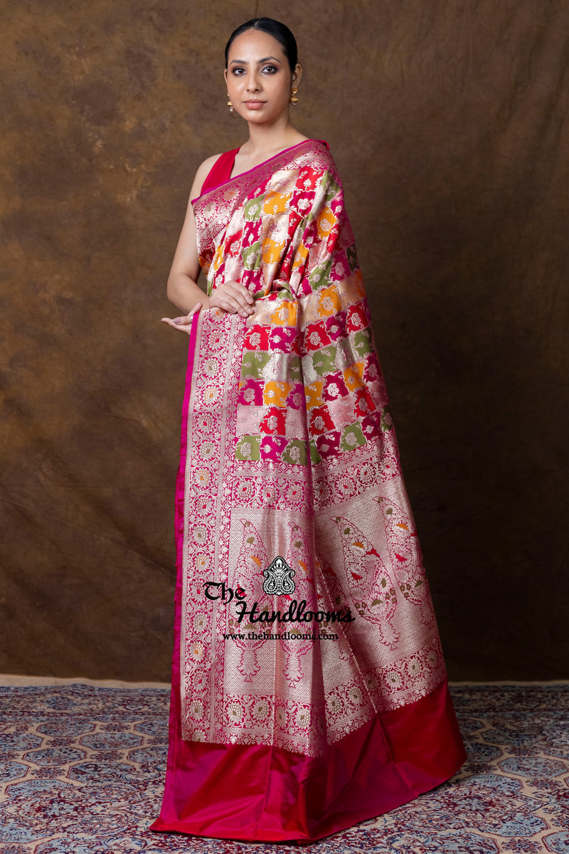 Multicolor Pure Katan Silk Banarasi Handloom Saree - All over Jaal Work With Rangkart - The Handlooms