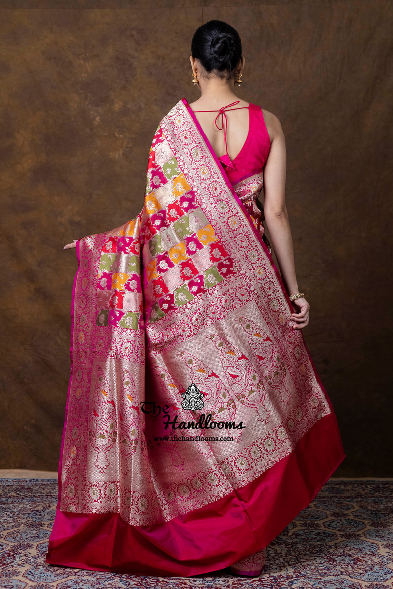 Multicolor Pure Katan Silk Banarasi Handloom Saree - All over Jaal Work With Rangkart - The Handlooms