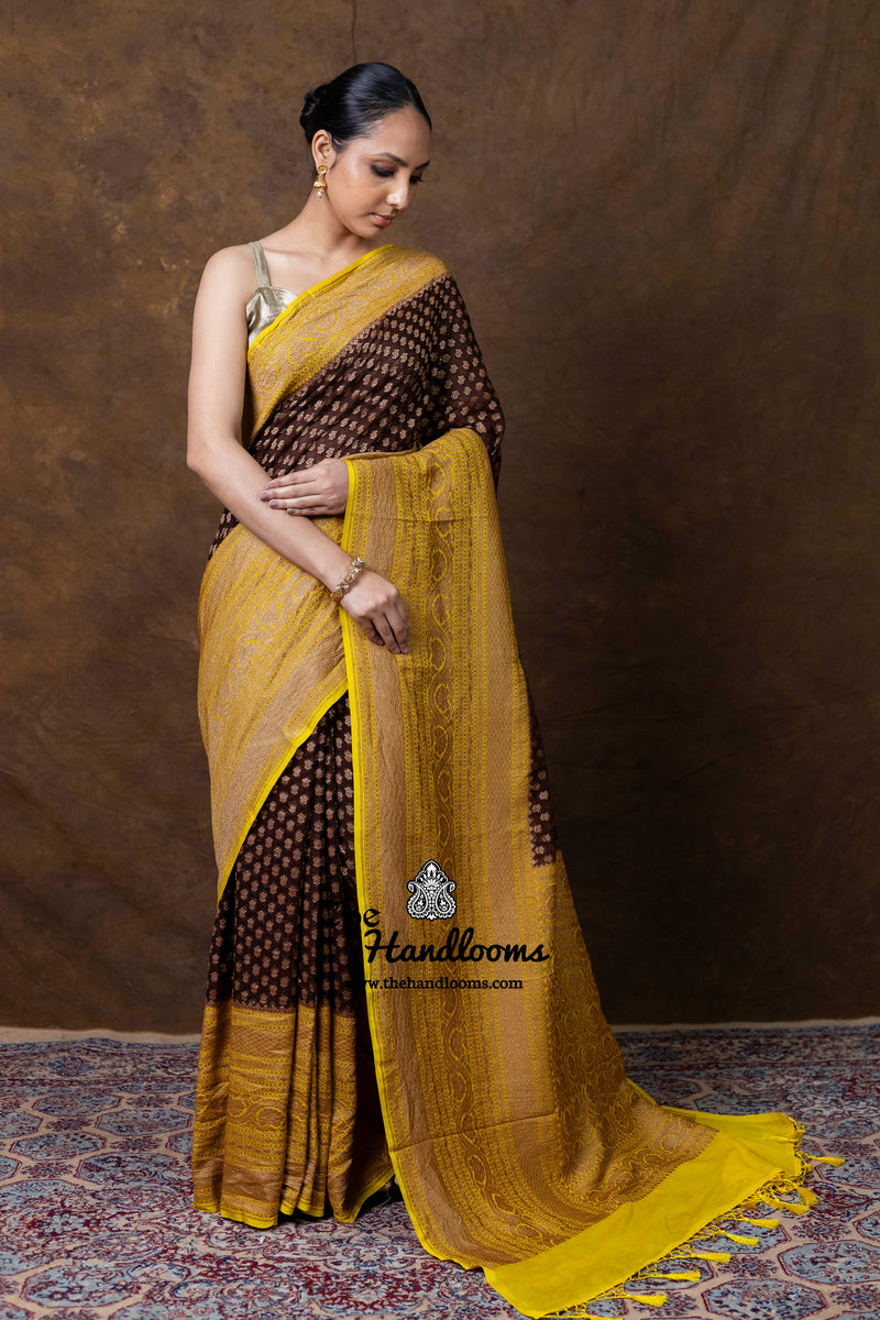 Pure Khaddi Georgette Handloom Banarasi Saree - Antique Zari