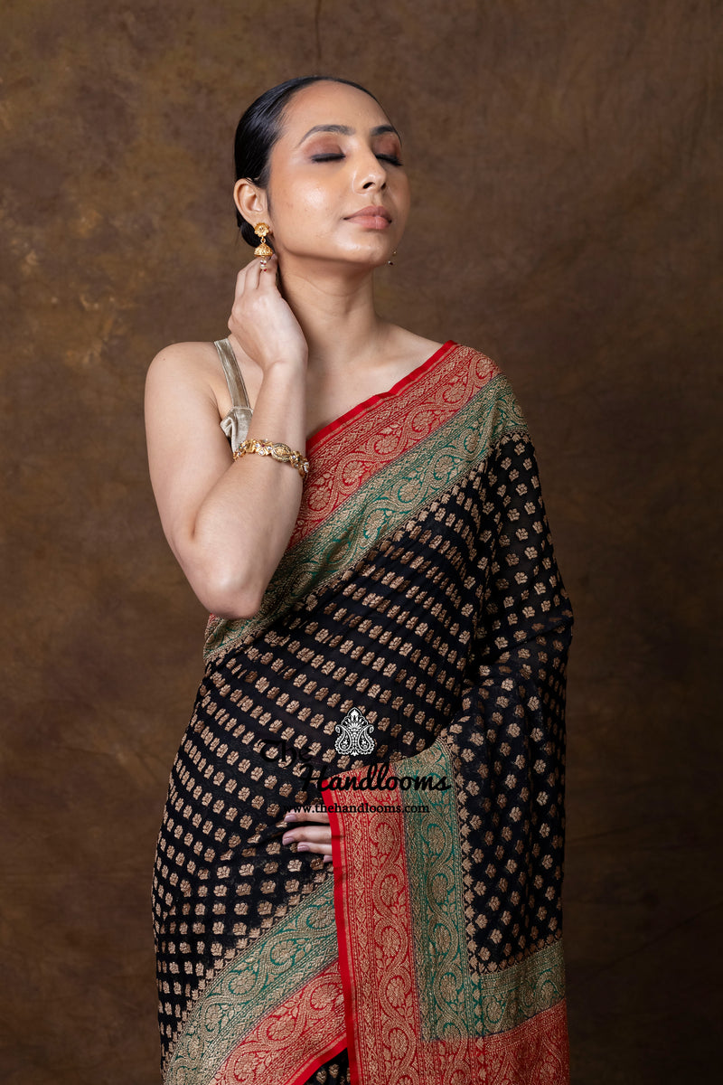 Pure Khaddi Georgette Handloom Banarasi Saree - Antique Zari