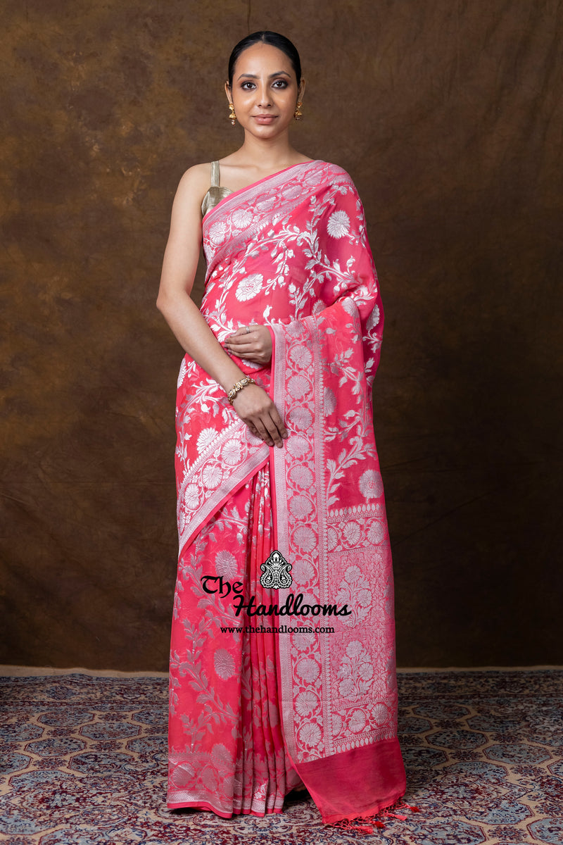 Pure Khaddi Georgette Handloom Banarasi Saree Silver Zari