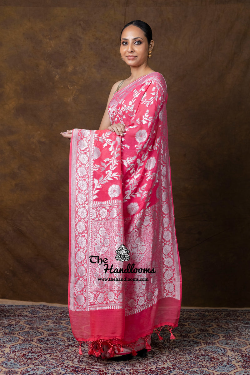 Pure Khaddi Georgette Handloom Banarasi Saree Silver Zari