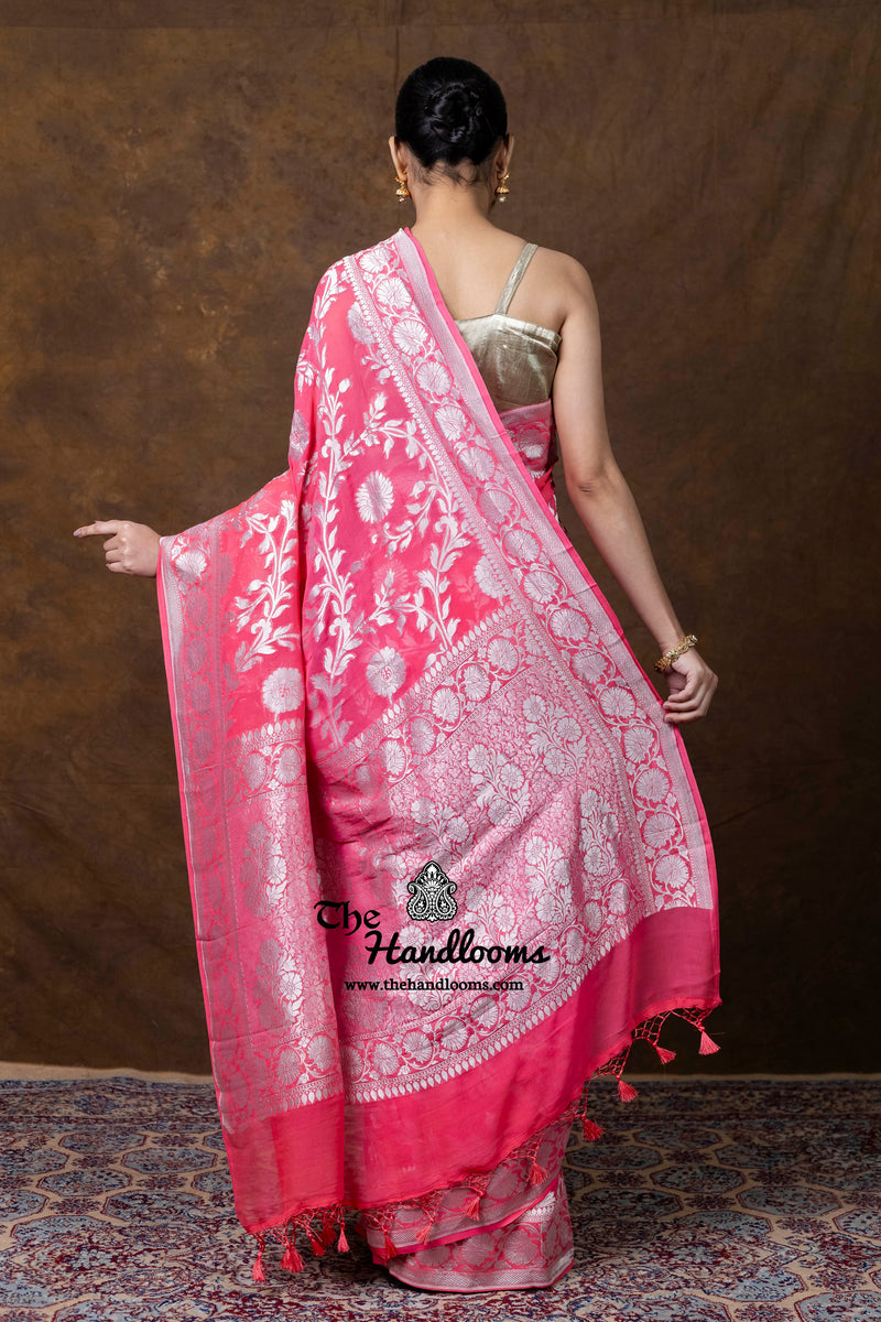 Pure Khaddi Georgette Handloom Banarasi Saree Silver Zari