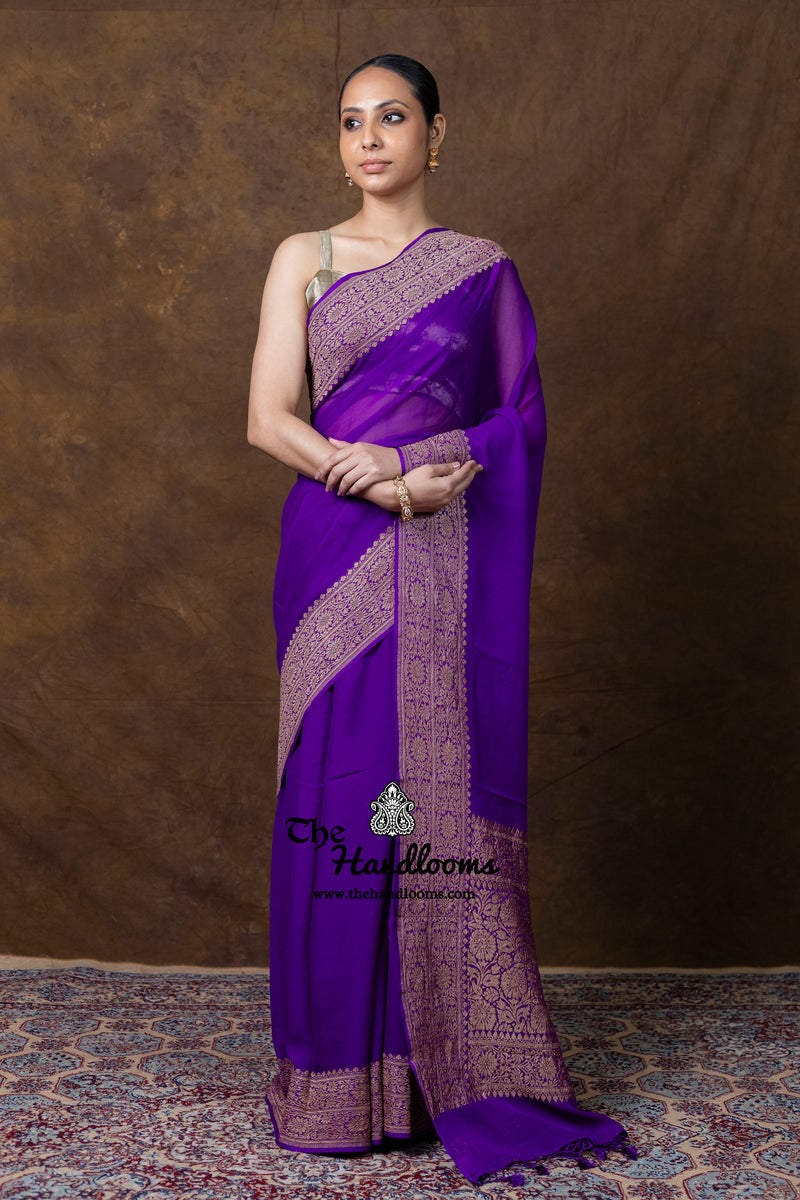 Pure Khaddi Georgette Handloom Banarasi Saree - Antique Zari