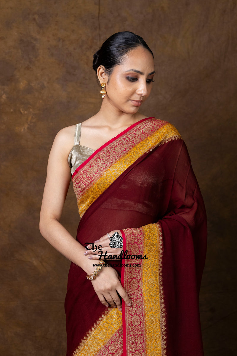 Pure Khaddi Georgette Handloom Banarasi Saree - Antique Zari