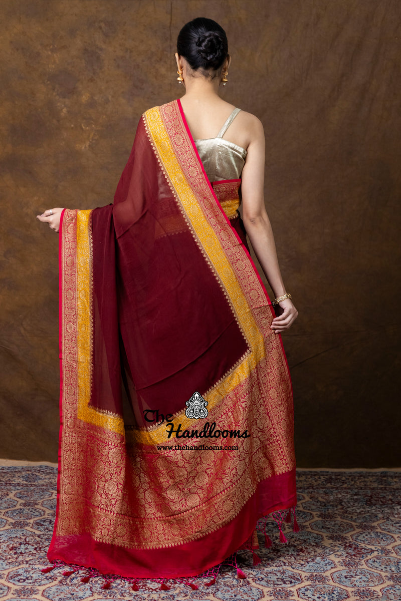 Pure Khaddi Georgette Handloom Banarasi Saree - Antique Zari