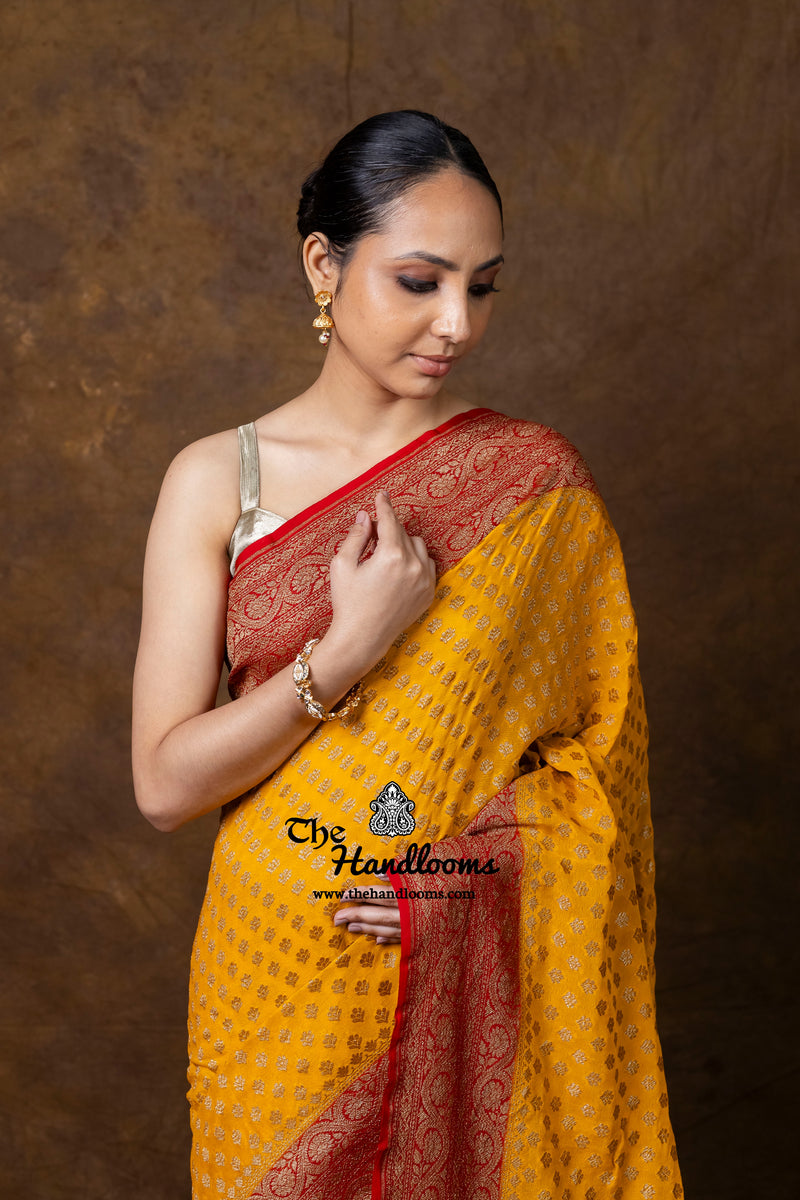 Pure Khaddi Georgette Handloom Banarasi Saree - Antique Zari