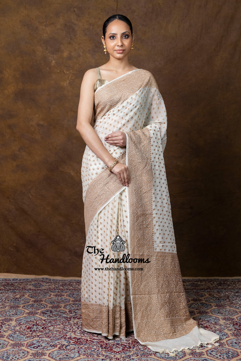 Pure Khaddi Georgette Handloom Banarasi Saree - Antique Zari