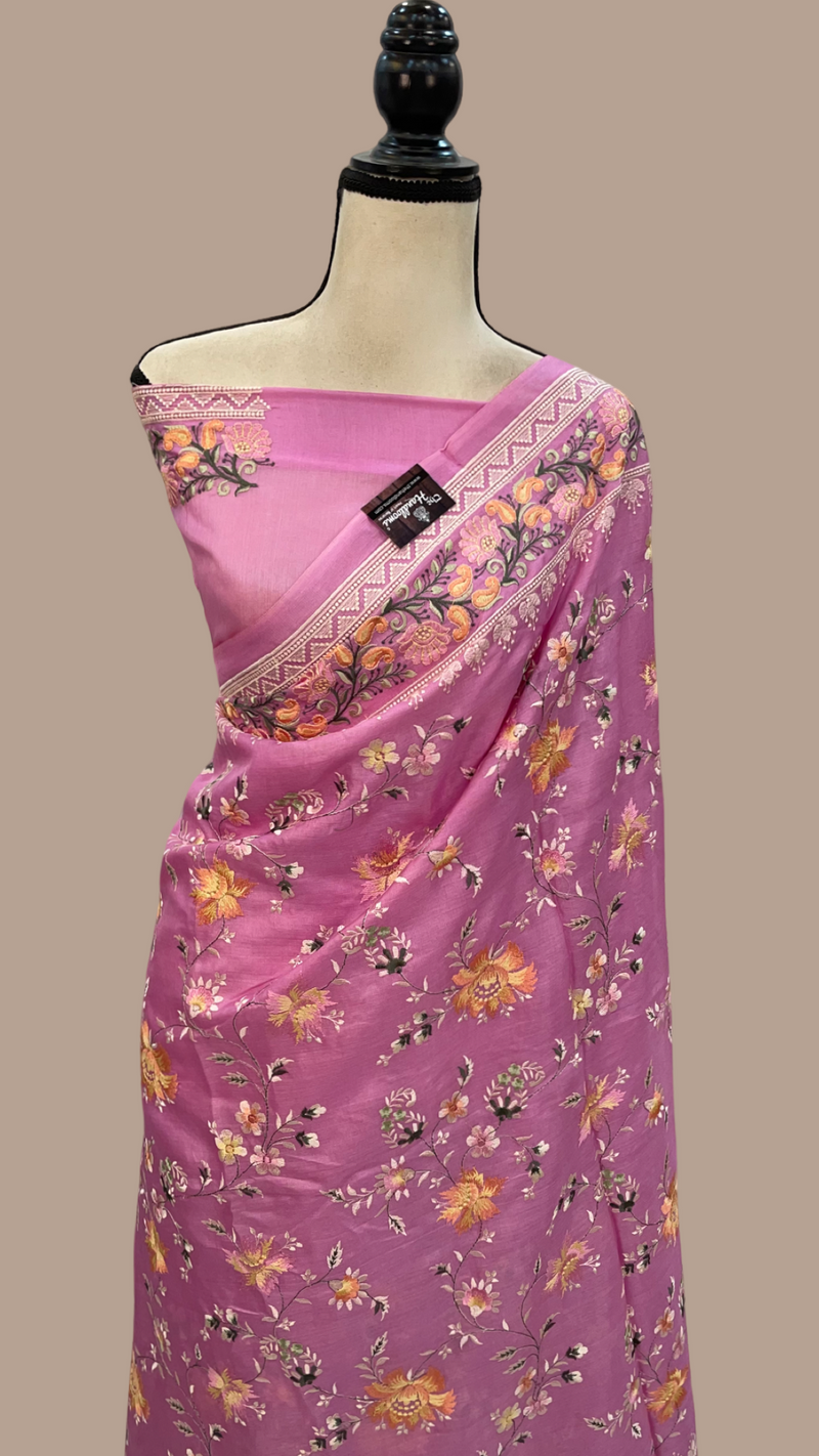 Pink Pure Tussar Silk Handloom Banarasi Saree With Chikankari - The Handlooms