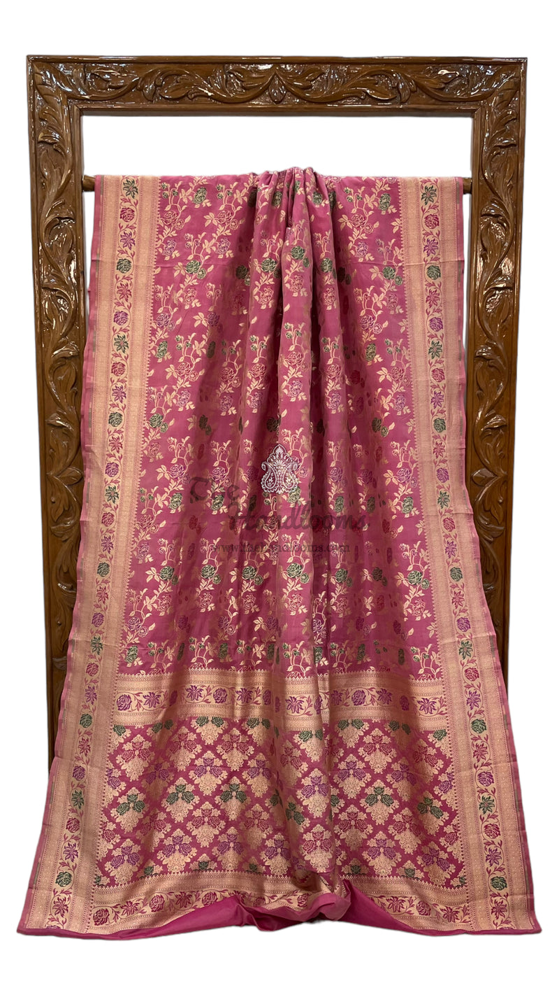 Onion Pink Pure Katan Silk Banarasi Handloom Saree - All over Jaal work with Meenakari - The Handlooms