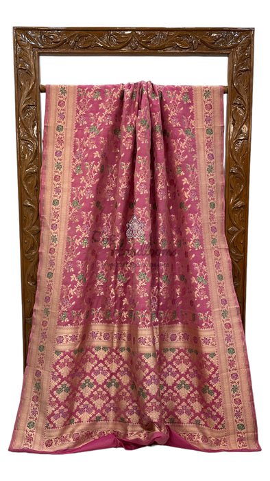 Pink Pure Katan Silk Banarasi Handloom Saree - All over Jaal work with Meenakari