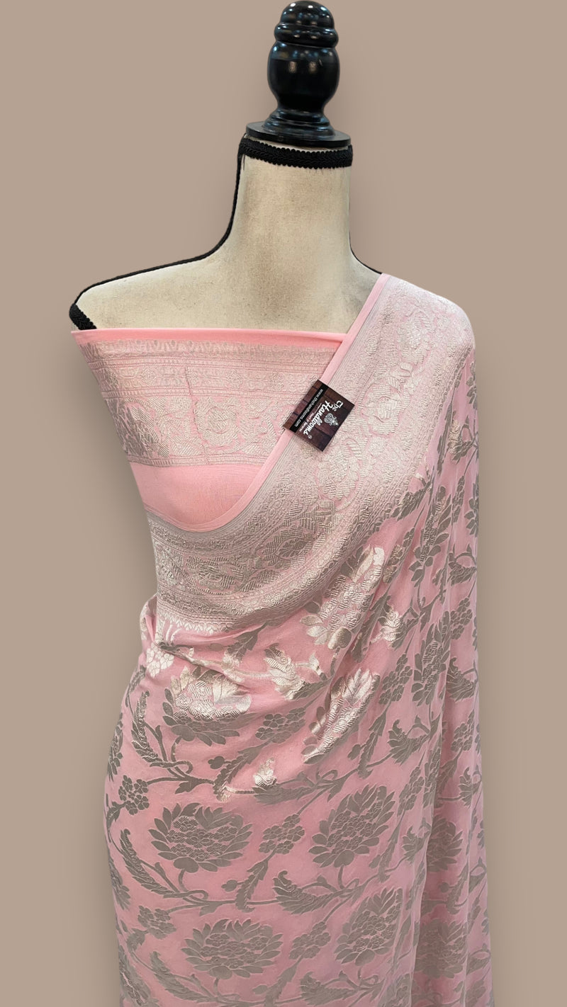 Khaddi Georgette Banarasi Saree with all silver zari jaal work - The Handlooms