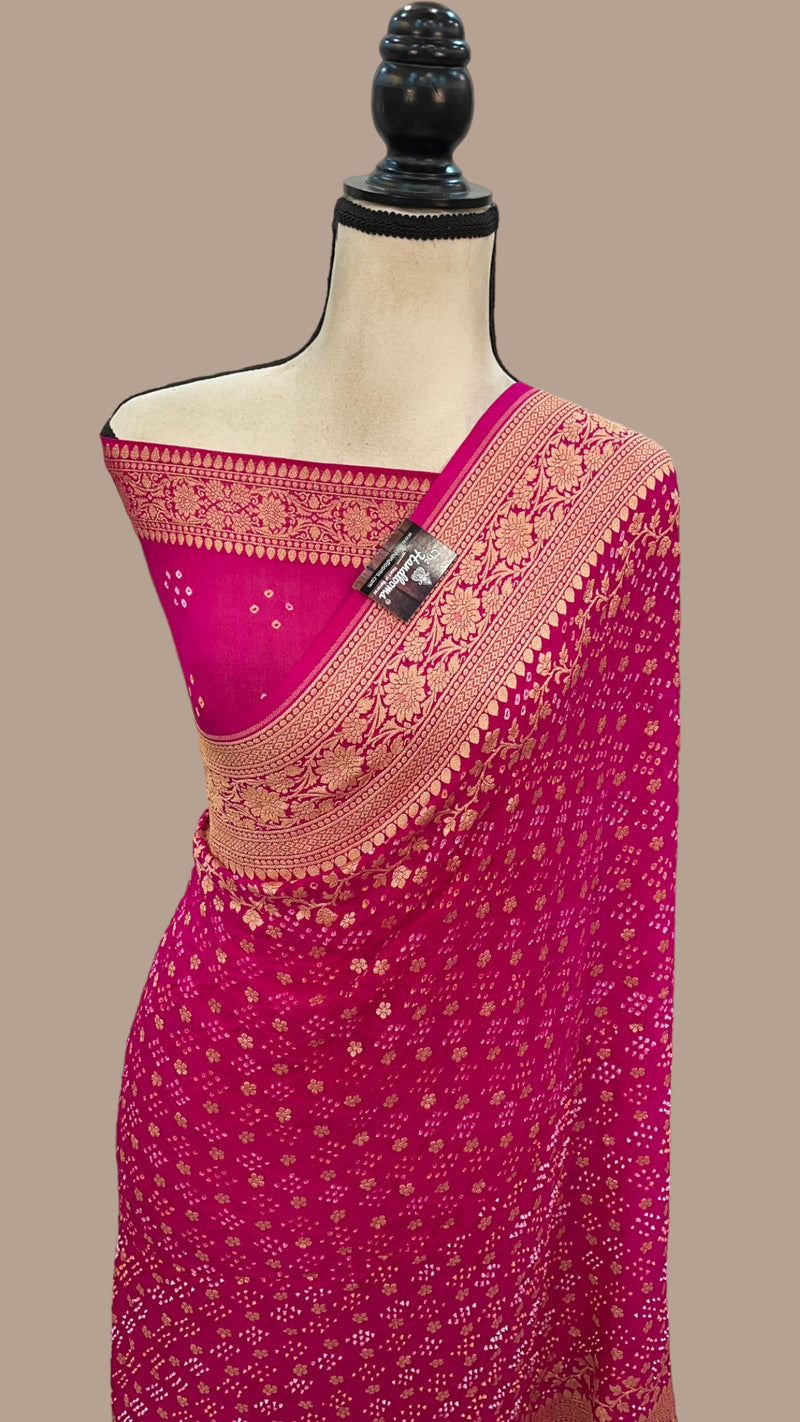 Hot Pink Pure Georgette Banarasi Bandhej Handloom Saree - The Handlooms